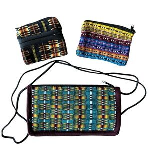 3- Multicolored Woven Striped Eyeglasses Pouch w/ Strap, 2 Mini Coin/Key Purses